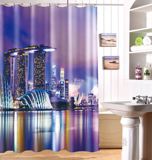 Cortina de ducha 3D de tela Dacron con escena moderna y elegante de la ciudad