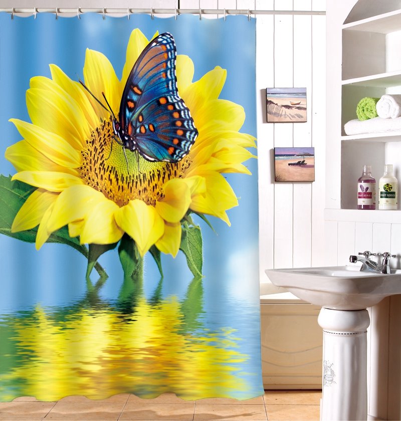 Cortina de ducha 3D con imagen elegante de girasol y mariposa