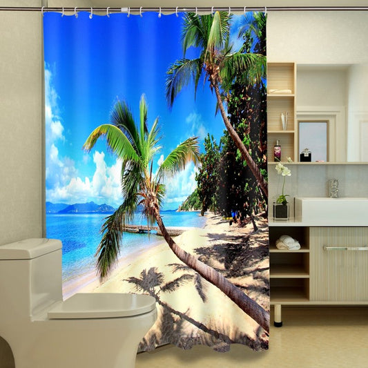 3D-Duschvorhang aus Kokosnussbaum und Strand unter blauem Himmel, bedruckt aus Polyester