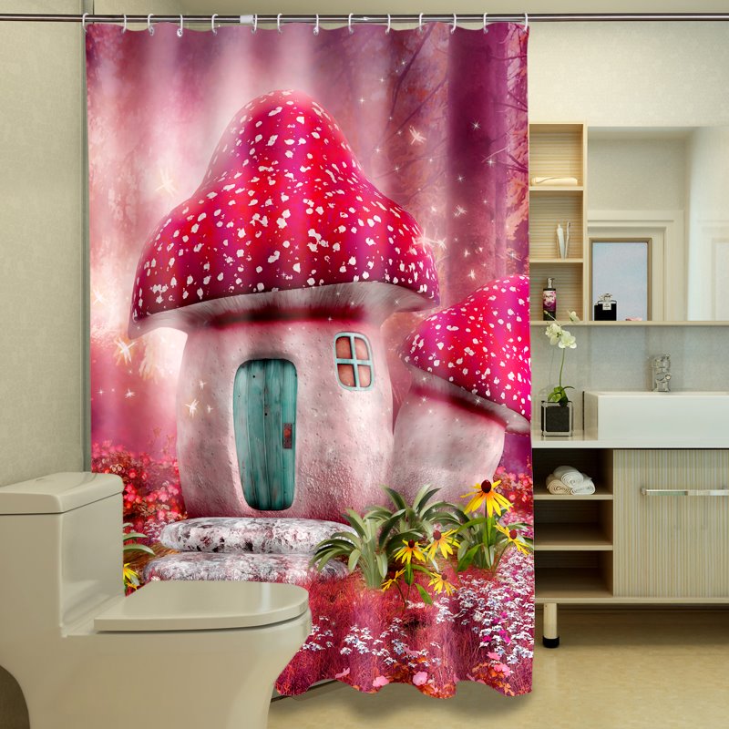 Cortina de ducha 3D con patrón de casa de fresa de ensueño distintivo