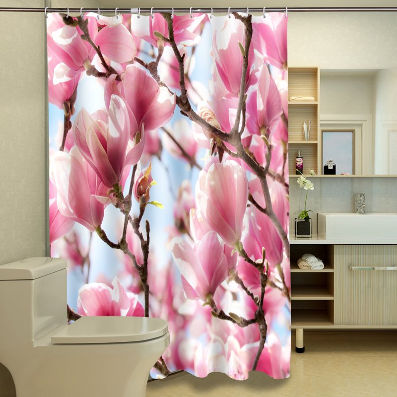 Cortina de ducha 3D con patrón de magnolia rosa exuberante creativo