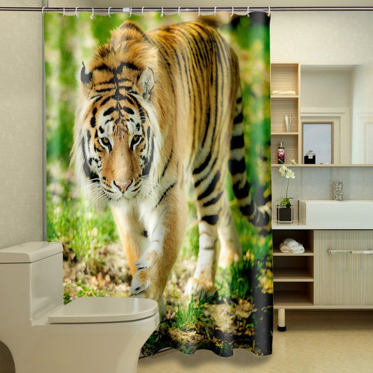 3D Walking Tiger on Grassland Printed Polyester Shower Curtain