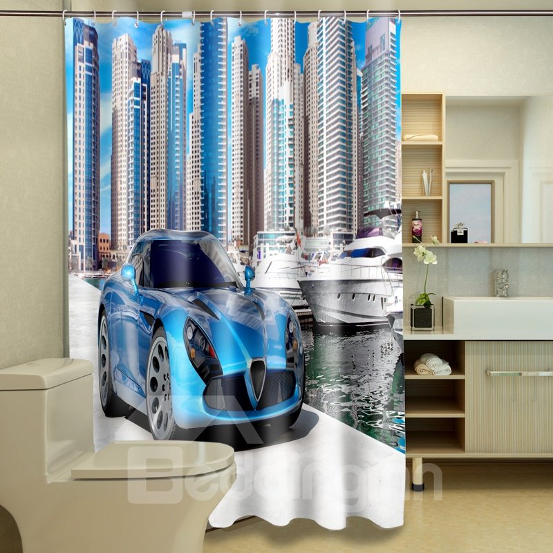Hochwertiger 3D-Duschvorhang mit modernem Gebäude und Luxusauto