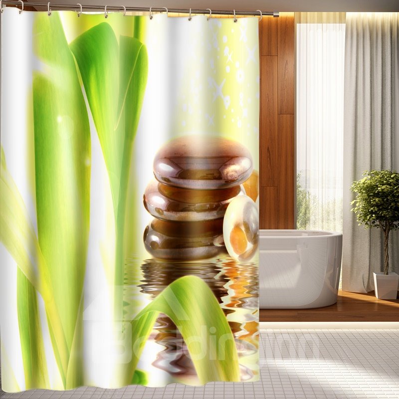 Unique Fresh Style Flower Stem Leaves & Stones 3D Shower Curtain