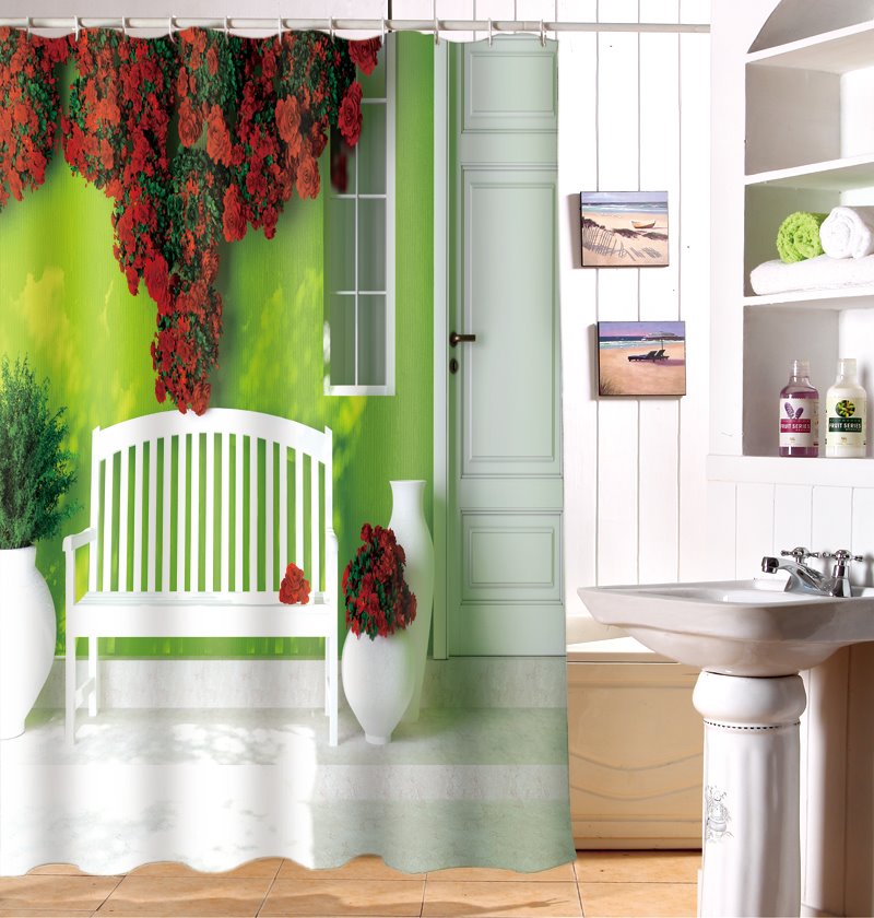 Graceful Lush Flowers And Bench 3D Shower Curtain