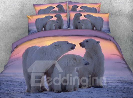 Eine Familie von Eisbären bedrucktes 4-teiliges 3D-Bettwäsche-Set/Bettbezug-Set, Polyester, Lila