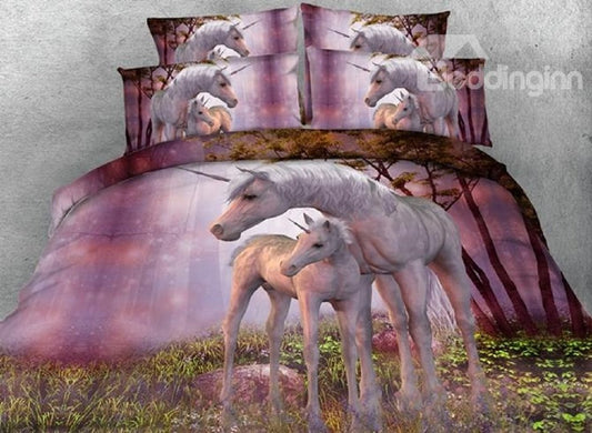 Pink Unicorns 3D 4-Piece Animal Print Bedding Set/Duvet Cover Set Soft Polyester