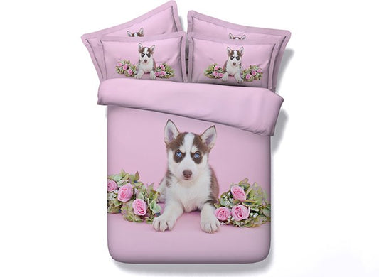 Husky Dog and Roses Bedruckte 4-teilige rosa 3D-Bettwäsche-Sets/Bettbezüge