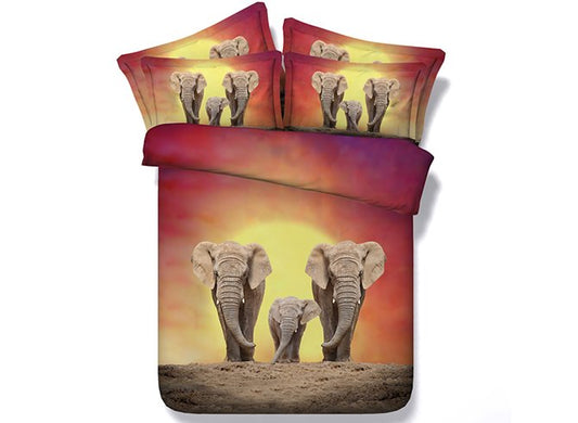4-teilige 3D-Bettwäsche-Sets/Bettbezüge aus bedrucktem Polyester mit Elefantenfamilie