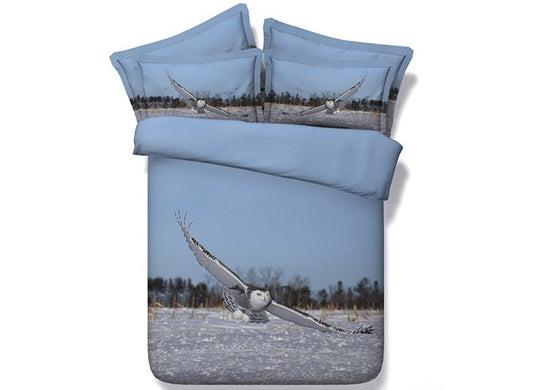 Fliegende Eule unter blauem Himmel, bedrucktes 3D-4-teiliges Polyester-Bettwäsche-Set/Bettbezüge