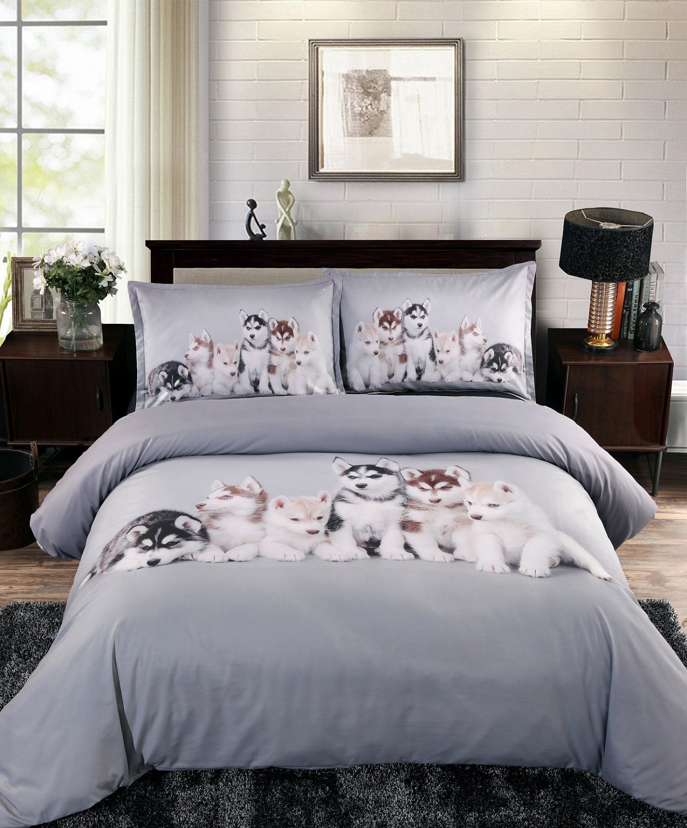 Husky Puppies Bedruckte 4-teilige 3D-Tier-Bettwäsche-Sets/Bettbezüge aus Polyester