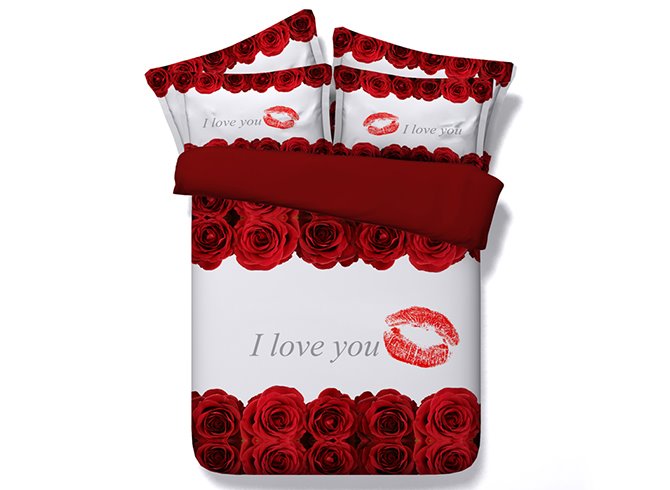 4-teilige 3D-Bettwäsche-Sets/Bettbezüge aus Polyester mit rotem Rosen- und Lippen-Aufdruck „Love You“.