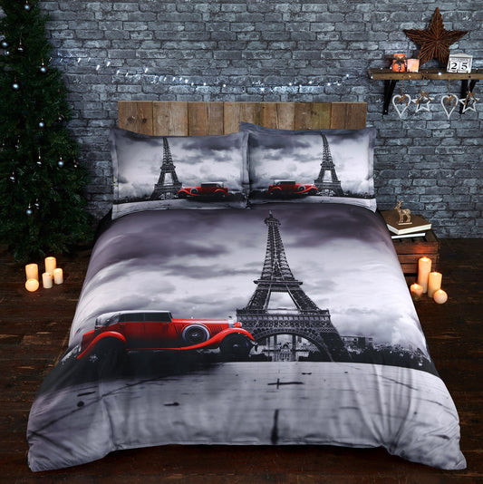 Grauer Pariser Eiffelturm und Oldtimer-bedrucktes 3D-4-teiliges Bettwäsche-/Bettbezug-Set aus Polyester