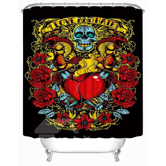 3D Skull and Heart Printed Polyester Black Shower Curtain