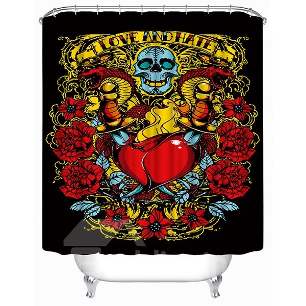 Cortina de ducha negra de poliéster con estampado de calavera y corazón en 3D
