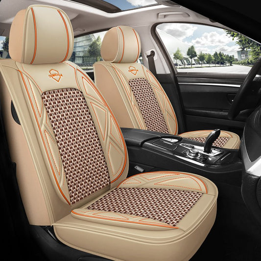 Car Seat Covers Full Coverage Soft Wear-Resistant Durable Skin-Friendly Man-Made PU Leather and Ice Silk Airbag Compatible Five Seats Universal Fit Seat Covers