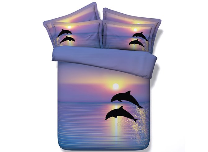 Jumping Dolphins Printed Polyester 4-Piece Purple 3D Polyester Bedding Sets/Duvet Covers Colorfast Wear-resistant Endurable