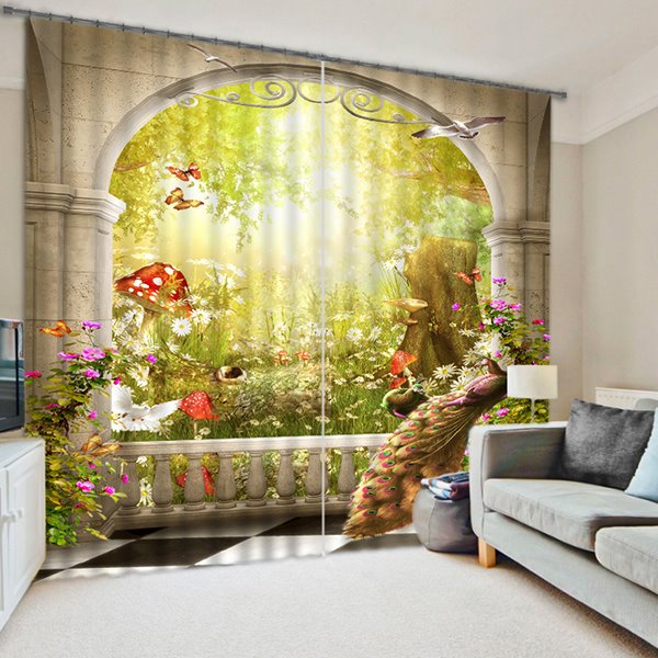 3D Butterflies Peacocks Birds and Beautiful Flowers Printed Custom Living Room Curtain
