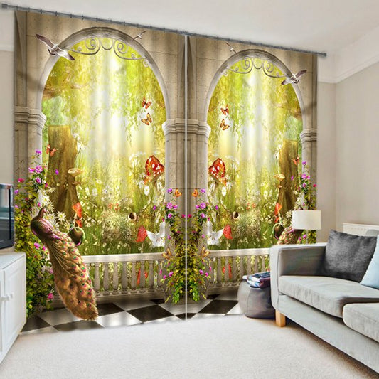 3D Symmetrical Peacock and Magic Garden Printed Bedroom Window Custom Curtain
