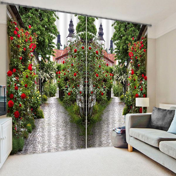 3D Symmetrical Roads with Red Rose Printed Custom 2 Panels Living Room Curtain