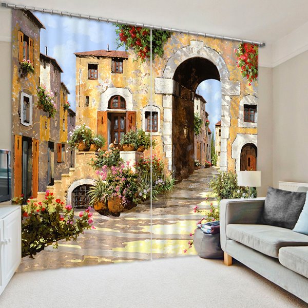 Bedruckter individueller Vorhang mit 3D-Aufdruck „Europäische Landschaft, Wege und Gebäude“ für das Wohnzimmer