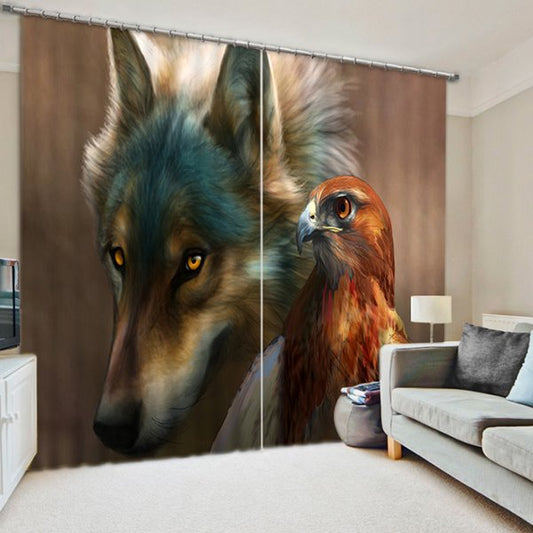 Cortina decorativa personalizada con 2 paneles de estilo de animales impresos con lobo y águila en 3D