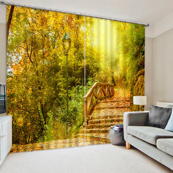 The Bridge Covered with Fallen Leaves Print 3D Custom Living Room Curtain