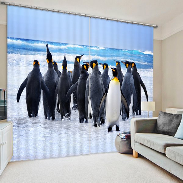 Cute Penguin Group Decorative Shading Curtain for Living Room, 2 Panel Style Blackout Curtain