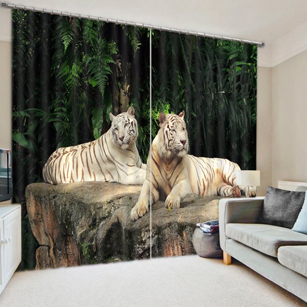 Cortina enrollable decorativa con estampado de tigres dobles 3D acostados sobre la piedra