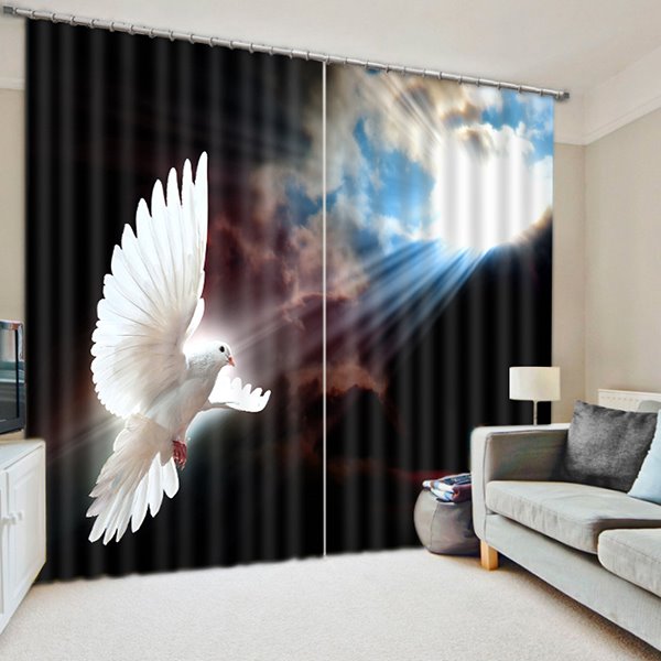 Cortina decorativa 3D para sala de estar con paisaje de animales, paloma blanca voladora con cielo