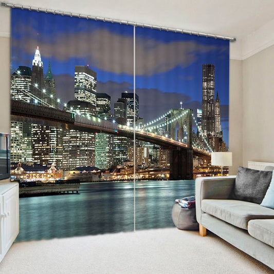 3D New York Bridge Night Scenery Printed Thick Polyester Blackout and Decorative Curtain