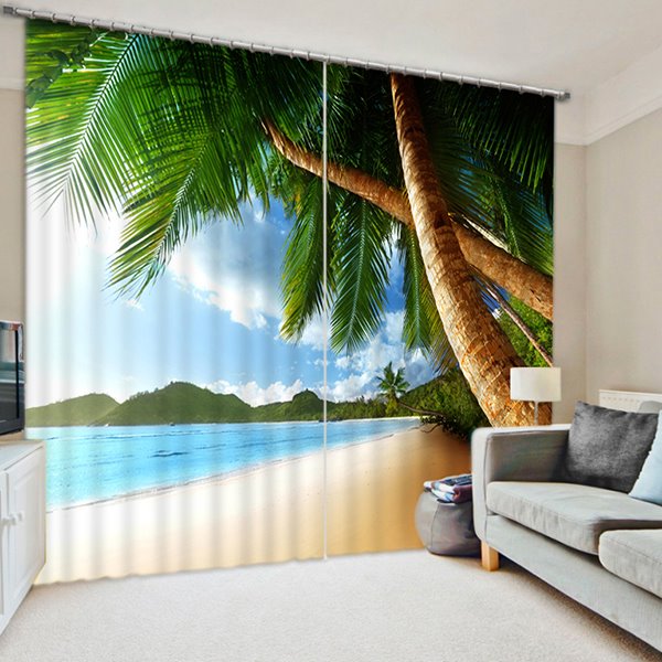 3D Lush Coconut Trees in the Beach Printed Natural Style Custom Living Room Curtain