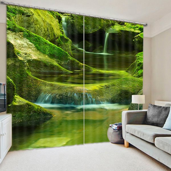 Amazing Green Mountains and Flowing River Printed 3D Blackout Curtain