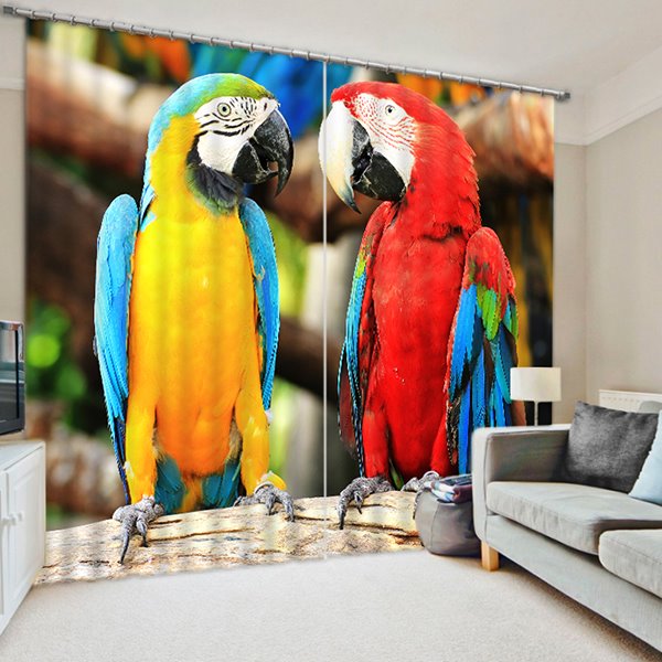 3D Lovely Couple Parrots Printed Bird Style 2 Panels Blackout Custom Curtain