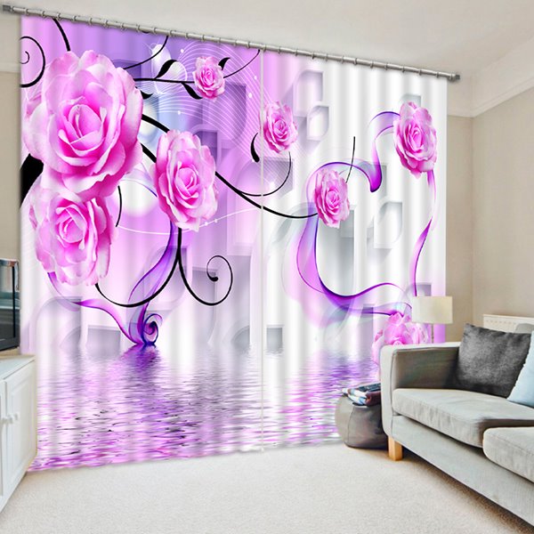 Benutzerdefinierter Verdunkelungsvorhang im romantischen Stil mit 3D-Lila-Rosen-Aufdruck für das Wohnzimmer