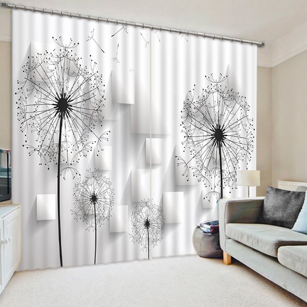 3D Dandelions Printed Pastoral Style Custom White and Black Curtain for Living Room