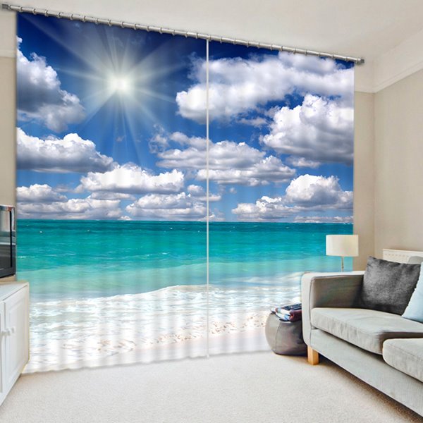 Playa con nubes blancas y luz solar, paisaje costero, cortina de sala de estar personalizada impresa en 3D