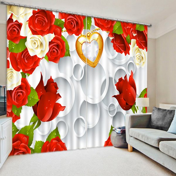Cortina opaca 3D con estampado de rosas de colores y corazones dorados