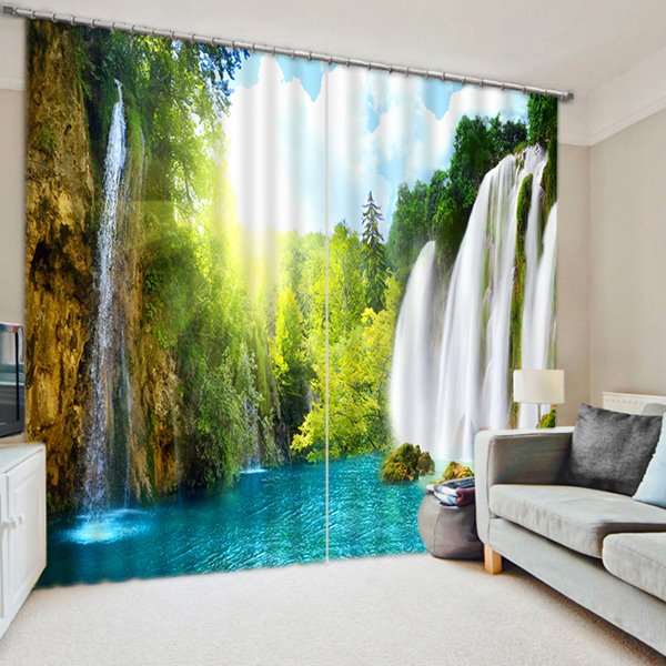 3D Waterfalls and Trees Spectacular Scenery Printed Custom Blackout Living Room Curtain