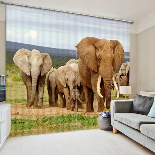 3D Elephants Printed Thick Polyester Cotton Animals Scenery Custom Shading Curtain