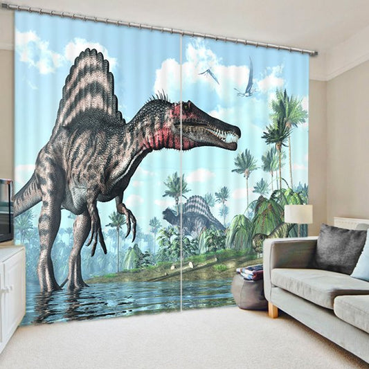 Cortina opaca para sala de estar de poliéster grueso con estampado de dinosaurio feroz 3D, paisaje Animal, 2 piezas