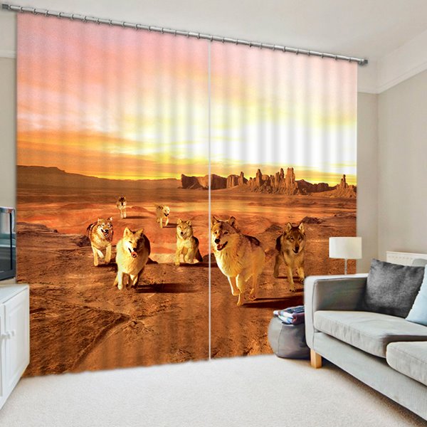 3D-Wölfe in der Wüste mit Sonnenuntergang, bedruckter dicker Polyester-Verdunkelungsvorhang mit 2 Bahnen
