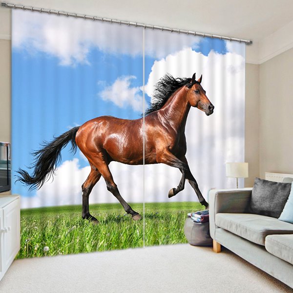 Brown Running Horse on Grassland Printed Blackout, 2 Panel Style Horse Theme Decorative Curtain