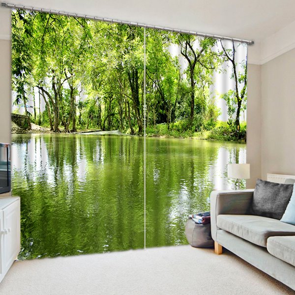 Cortina personalizada opaca de poliéster con árboles verdes y sombras impresas en 3D para sala de estar