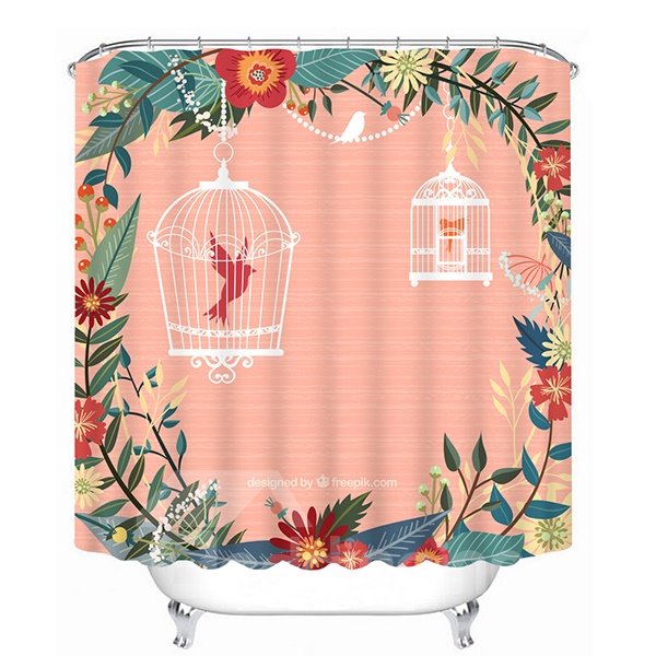 Two birds in the Cages Print Pink 3D Shower Curtain