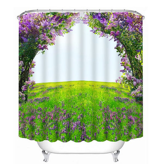 Cortina de ducha de poliéster con estampado de pastizales y flores moradas en 3D