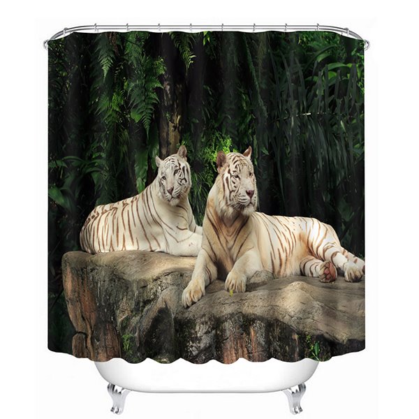 3D-Badezimmer-Duschvorhang mit zwei Löwen, die sich auf dem Stein liegen