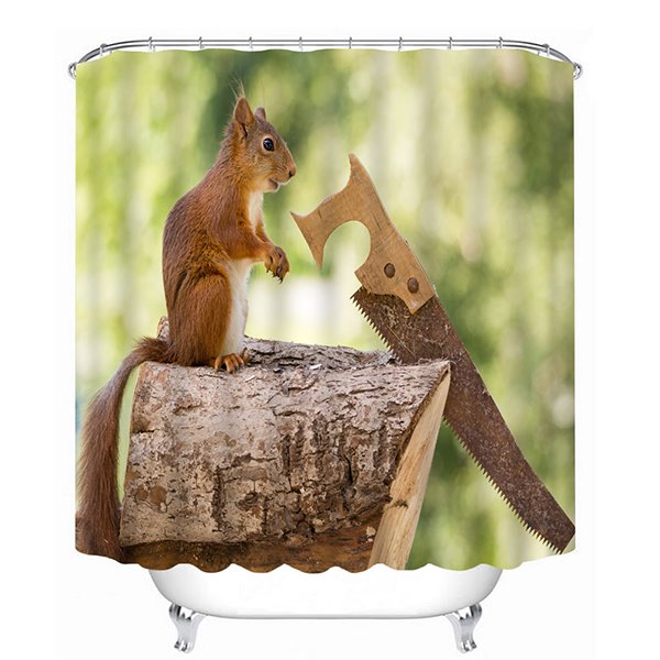 3D-Badezimmer-Duschvorhang mit lustigem Eichhörnchen, das Holz sägt