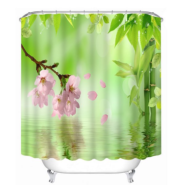 Cortina de ducha de baño con impresión 3D de flores rosadas y hojas verdes en el agua