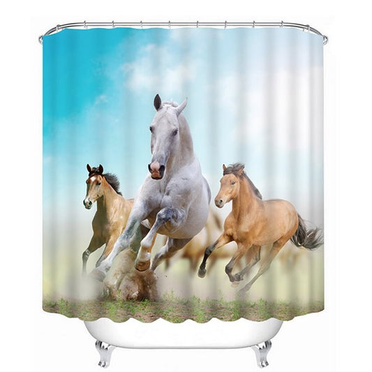 3D Racing Horses Printed Polyester Light Blue Bathroom Shower Curtain